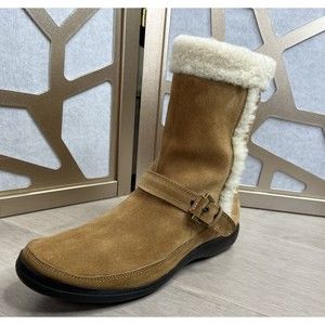 Stuart Weitzman Zip Up flat Boots Sz 7.5 m Brown Suede leather fur wool sherpa